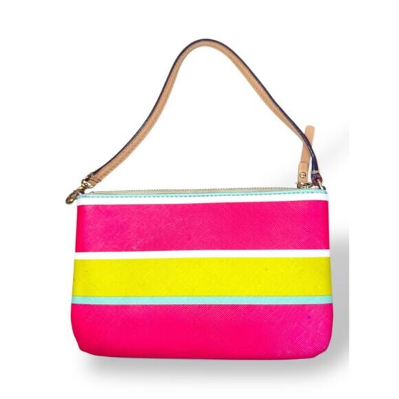 Kate Spade Multicolor Stripe Wristlet Pink Yellow Small Pouch Cute - Picture 2 of 6